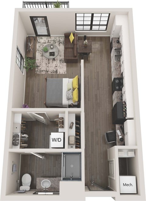 Floor plan for 1 bed, 1 bath, 530 sqft